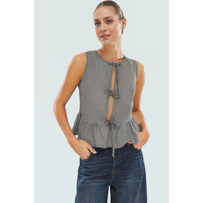 Yazlık Ekose Bluz Bisiklet Yaka Kolsuz Regular Kalıp Dokuma Kumaş Günlük Stil