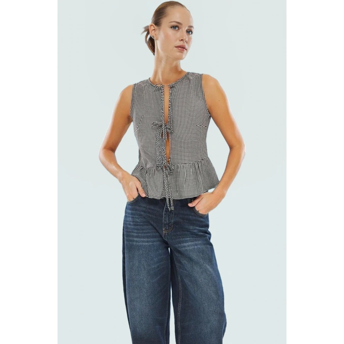 Yazlık Ekose Bluz Bisiklet Yaka Kolsuz Regular Kalıp Dokuma Kumaş Günlük Stil