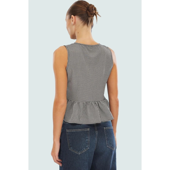 Yazlık Ekose Bluz Bisiklet Yaka Kolsuz Regular Kalıp Dokuma Kumaş Günlük Stil