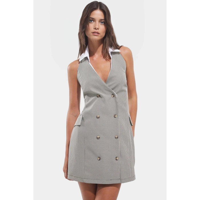 Yazlık Ekose Mini Ceket Elbise %Polyester Dokuma Kumaş Özenle Seçilmiş Premium Kalite