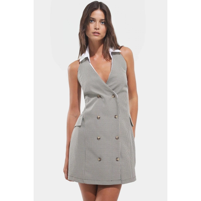 Yazlık Ekose Mini Ceket Elbise %Polyester Dokuma Kumaş Özenle Seçilmiş Premium Kalite