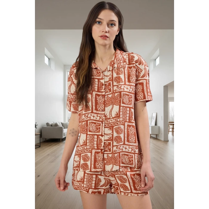 Yazlık Etnik Desenli Viskoz Pijama Takımı Kısa Kollu Gömlek ve Şort Rahat Şık Kaliteli İşçilik