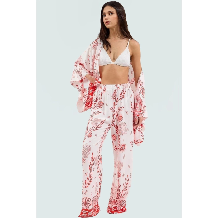 Yazlık Etnik Desenli Viskoz Plaj Takımı Rahat Kesim Bol Pantolon Modern Stil Zarifane Tasarım