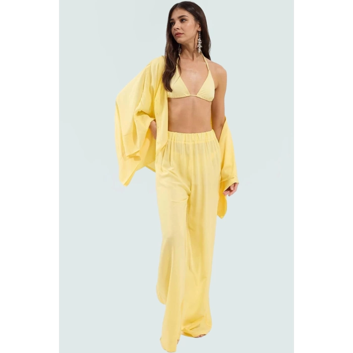 Yazlık Etnik Desenli Viskoz Plaj Takımı Rahat Kesim Bol Pantolon Modern Stil Zarifane Tasarım