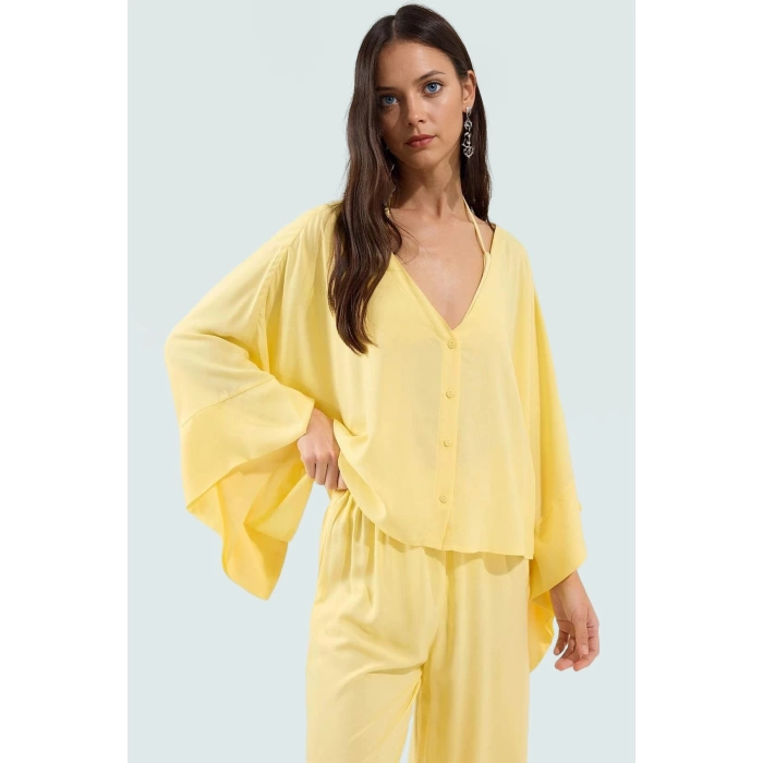 Yazlık Etnik Desenli Viskoz Plaj Takımı Rahat Kesim Bol Pantolon Modern Stil Zarifane Tasarım