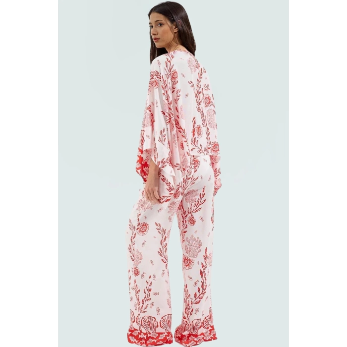 Yazlık Etnik Desenli Viskoz Plaj Takımı Rahat Kesim Bol Pantolon Modern Stil Zarifane Tasarım