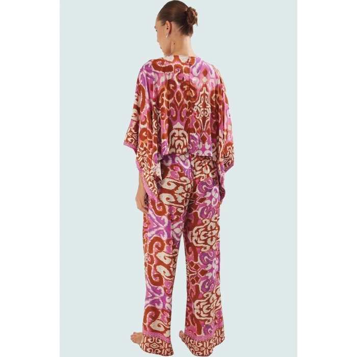 Yazlık Etnik Desenli Viskoz Plaj Takımı Rahat Kesim Bol Pantolon Modern Stil Zarifane Tasarım