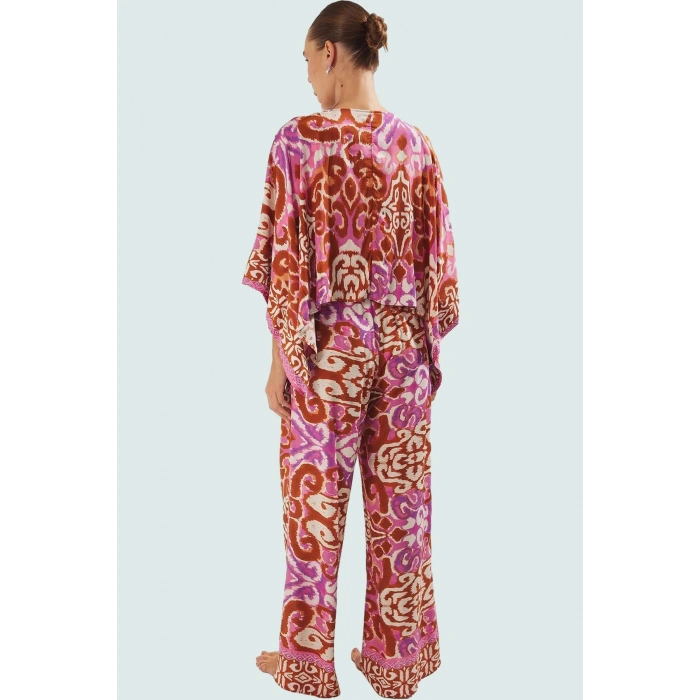 Yazlık Etnik Desenli Viskoz Plaj Takımı Rahat Kesim Bol Pantolon Modern Stil Zarifane Tasarım