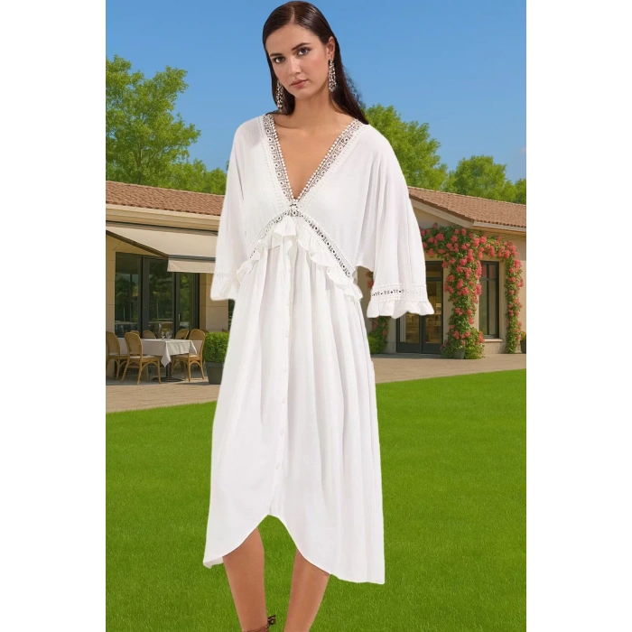 Yazlık Feminen Maxi Elbise Crinkle Dokuma Viskoz Rahat Modern Stil Özel Tasarım Konforlu Kesim