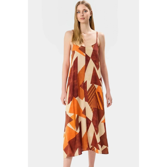 Yazlık Geometrik Desenli Midi Elbise Viskoz Kumaş Günlük Şık Tarz Modern Stil Trend Tasarım