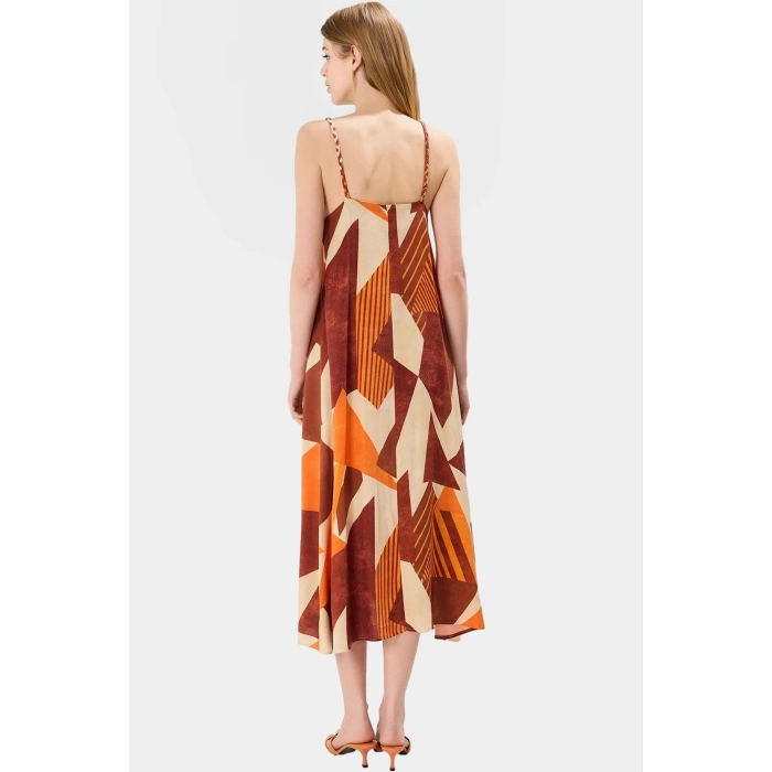 Yazlık Geometrik Desenli Midi Elbise Viskoz Kumaş Günlük Şık Tarz Modern Stil Trend Tasarım