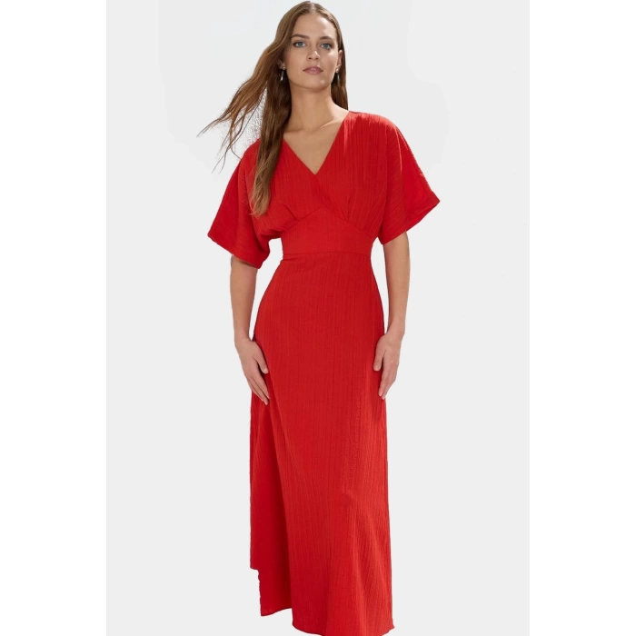 Yazlık Günlük A Kesim Maxi Elbise V Yaka Kısa Kollu Polyester Dokuma Kaliteli İşçilik