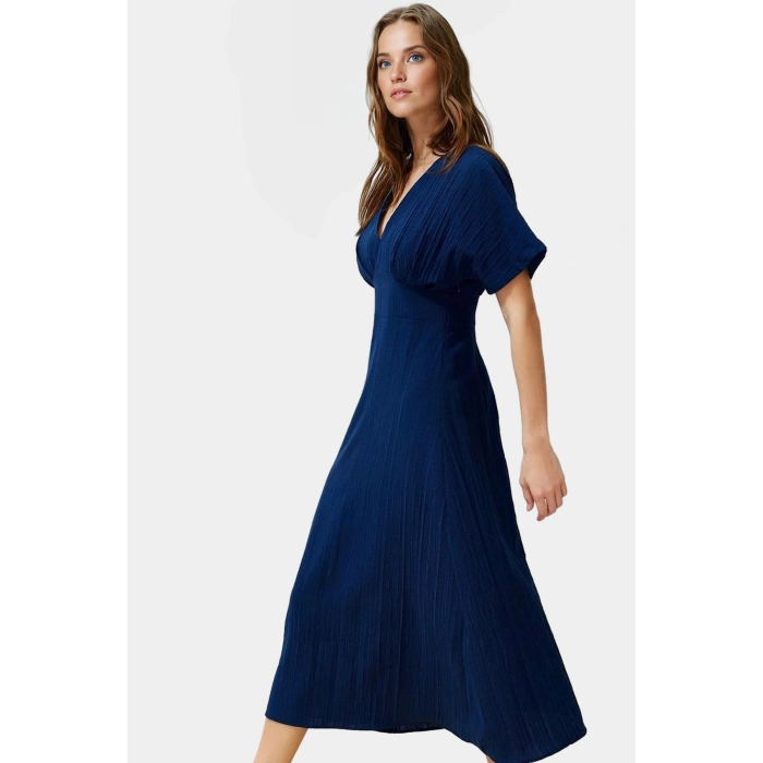 Yazlık Günlük A Kesim Maxi Elbise V Yaka Kısa Kollu Polyester Dokuma Kaliteli İşçilik