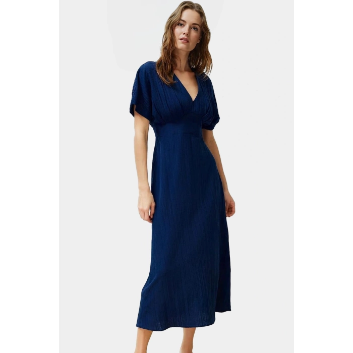 Yazlık Günlük A Kesim Maxi Elbise V Yaka Kısa Kollu Polyester Dokuma Kaliteli İşçilik