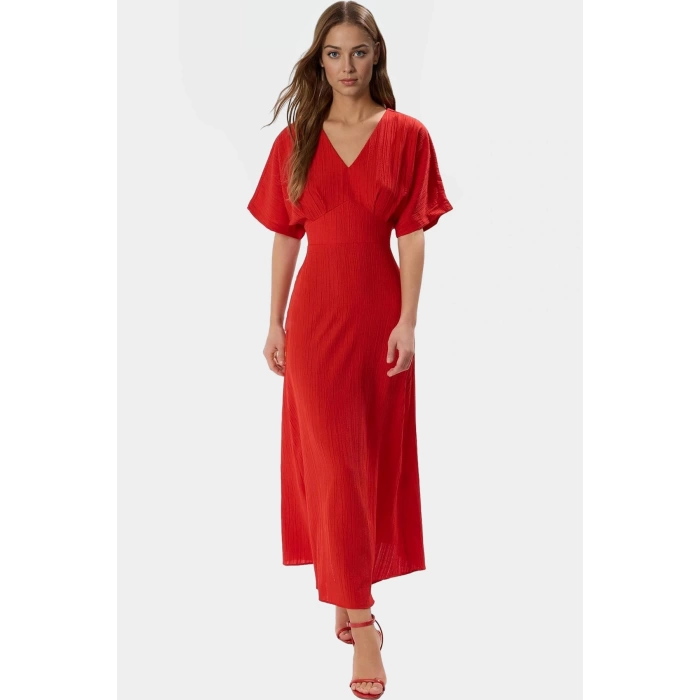 Yazlık Günlük A Kesim Maxi Elbise V Yaka Kısa Kollu Polyester Dokuma Kaliteli İşçilik