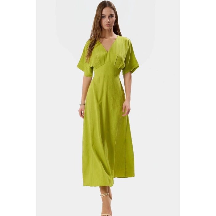 Yazlık Günlük A Kesim Maxi Elbise V Yaka Kısa Kollu Polyester Dokuma Kaliteli İşçilik