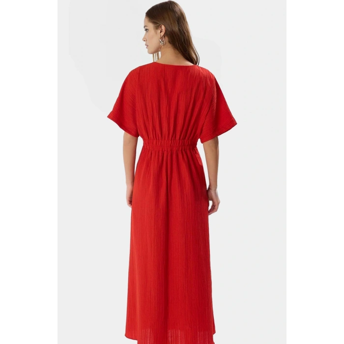 Yazlık Günlük A Kesim Maxi Elbise V Yaka Kısa Kollu Polyester Dokuma Kaliteli İşçilik