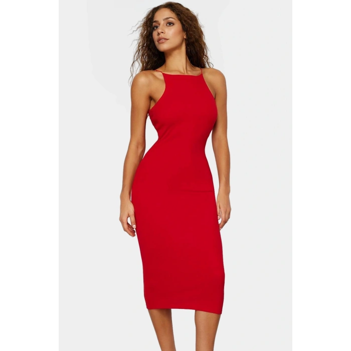Yazlık Halter Yaka Bodycon Midi Elbise Pamuk Elastan Örme Trend Tasarım Dayanıklı Malzeme