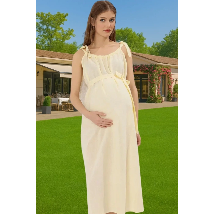 Yazlık Hamile Elbisesi Pamuklu Terrycotton Kare Yaka Bel Bağlamalı Konforlu Kesim Modern Stil