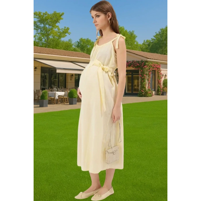 Yazlık Hamile Elbisesi Pamuklu Terrycotton Kare Yaka Bel Bağlamalı Konforlu Kesim Modern Stil