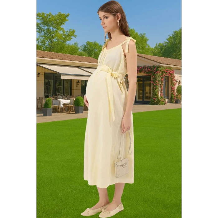 Yazlık Hamile Elbisesi Pamuklu Terrycotton Kare Yaka Bel Bağlamalı Konforlu Kesim Modern Stil