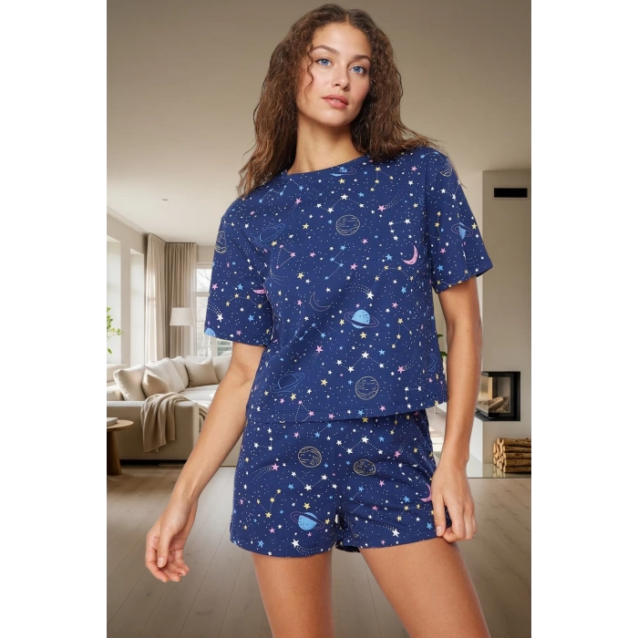 Yazlık Homewear Pijama Takımı %100 Pamuk Galaksi Desenli Regular Kalıp Modern Stil Premium Kalite