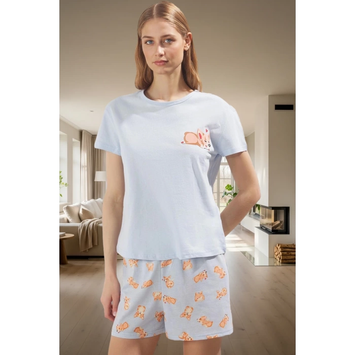 Yazlık Homewear Pijama Takımı Hayvan Desenli Örme Şortlu Takım Özenle Seçilmiş