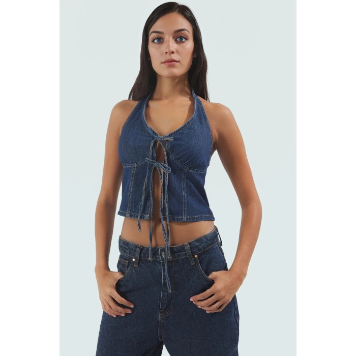 Yazlık Kadın Bluz 100% Pamuk Denim Crop Halter Yaka Bağcıklı Detay Şık Görünüm Konforlu Kesim