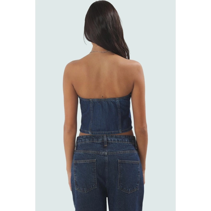 Yazlık Kadın Bluz 100% Pamuk Denim Crop Halter Yaka Bağcıklı Detay Şık Görünüm Konforlu Kesim