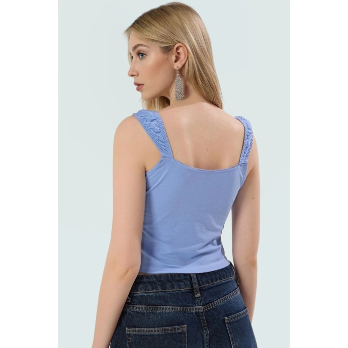 Yazlık Kadın Bluz Crop Örme Pamuklu Likralı Penye Havuz Yaka Premium Kalite Trend Tasarım