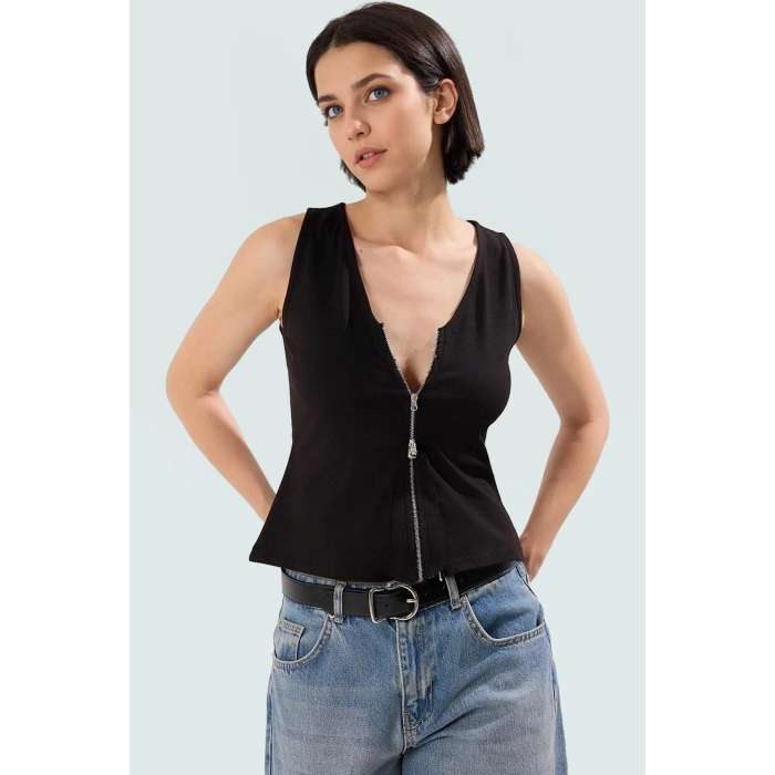 Yazlık Kadın Bluz Fitted Likralı Kolsuz Çift Fermuarlı Özel Tasarım Özenle Seçilmiş