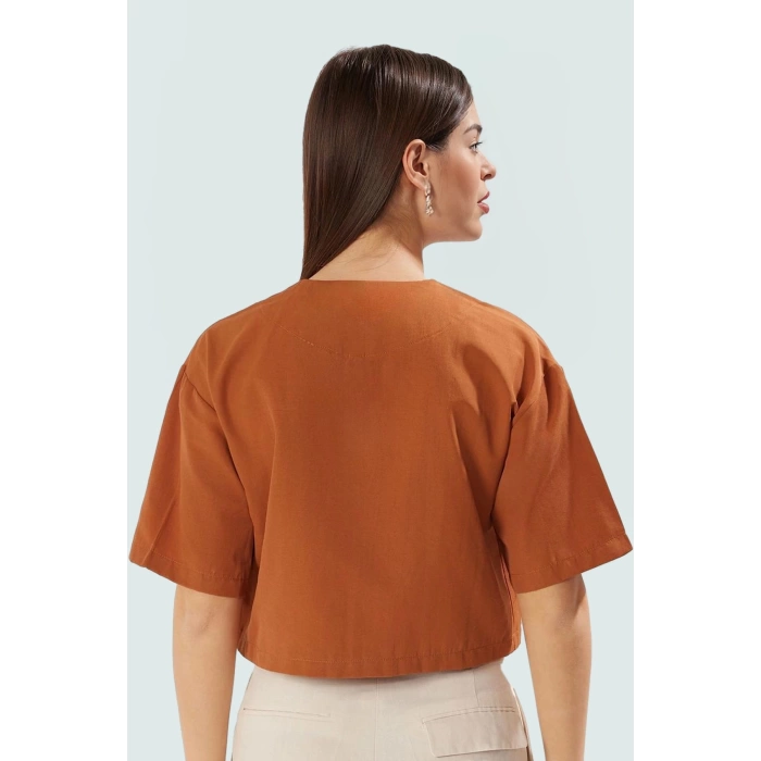 Yazlık Kadın Bluz V Yaka Regular Kalıp Terrycotton Crop Truvakar Kol Premium Kalite