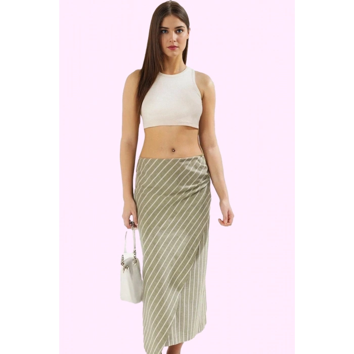 Yazlık Kadın Çizgili Pamuk Midi Etek Günlük Casual Sarong Keten Görünümlü Kaliteli Malzeme
