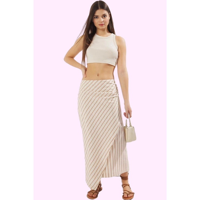 Yazlık Kadın Çizgili Pamuk Midi Etek Günlük Casual Sarong Keten Görünümlü Kaliteli Malzeme