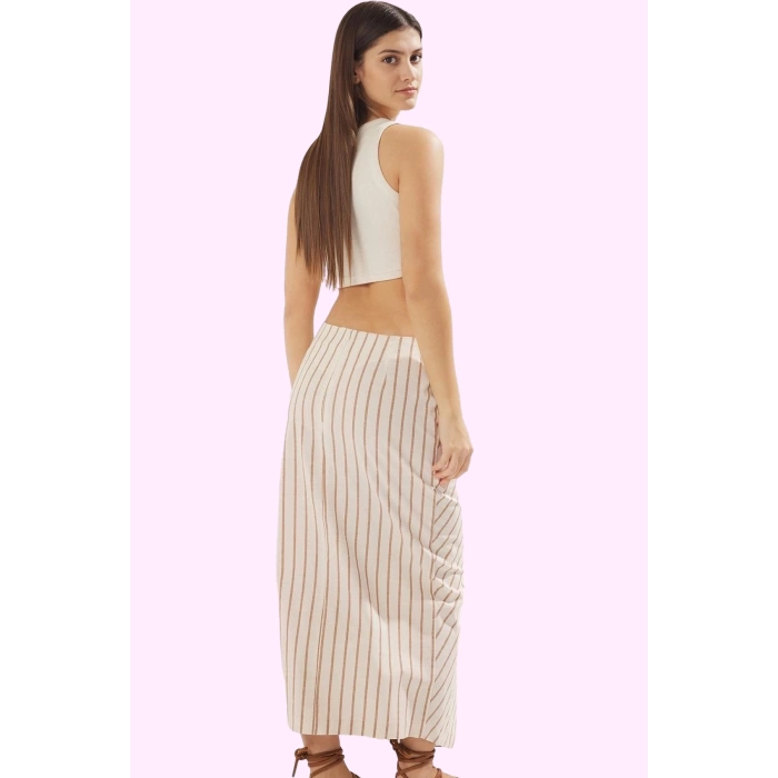 Yazlık Kadın Çizgili Pamuk Midi Etek Günlük Casual Sarong Keten Görünümlü Kaliteli Malzeme
