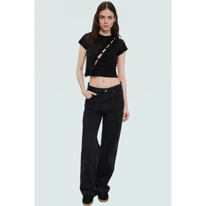 Yazlık Kadın Crop Bluz Fiyonk Detaylı Pamuklu Dayanıklı Malzeme