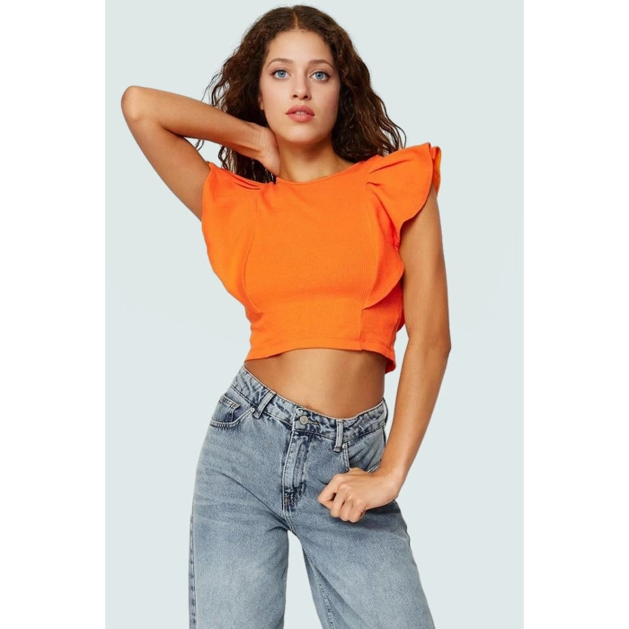 Yazlık Kadın Crop Bluz Pamuklu Örme Kumaş Fırfırlı Kol Detayı Bisiklet Yaka Rahat Ve Şık