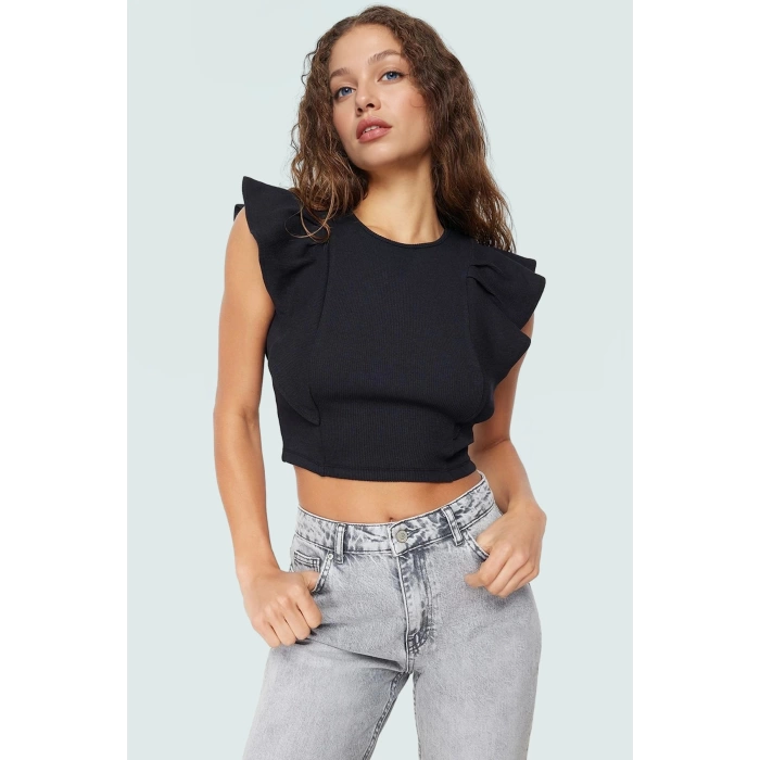 Yazlık Kadın Crop Bluz Pamuklu Örme Kumaş Fırfırlı Kol Detayı Bisiklet Yaka Rahat Ve Şık