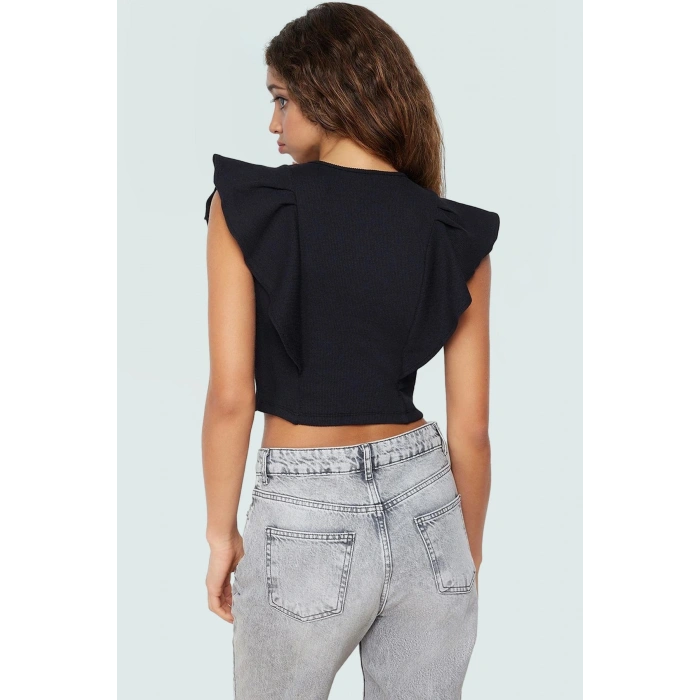 Yazlık Kadın Crop Bluz Pamuklu Örme Kumaş Fırfırlı Kol Detayı Bisiklet Yaka Rahat Ve Şık