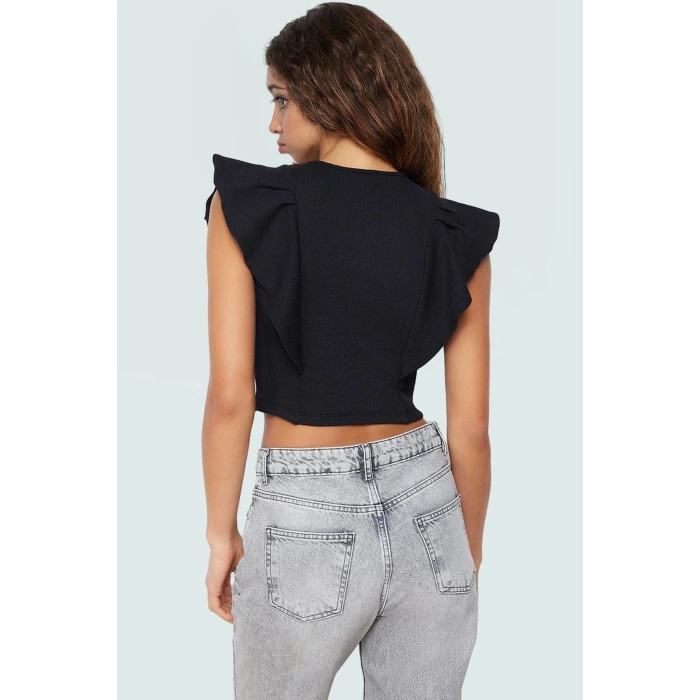 Yazlık Kadın Crop Bluz Pamuklu Örme Kumaş Fırfırlı Kol Detayı Bisiklet Yaka Rahat Ve Şık