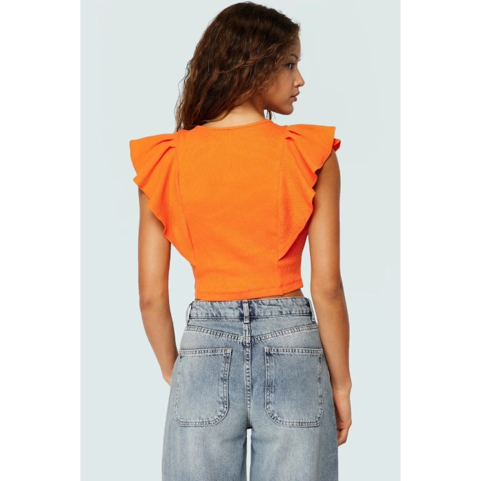 Yazlık Kadın Crop Bluz Pamuklu Örme Kumaş Fırfırlı Kol Detayı Bisiklet Yaka Rahat Ve Şık