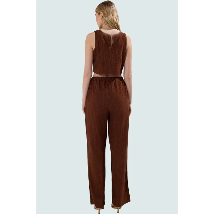Yazlık Kadın Crop Bluz Pantolon Takımı Polyester Crinkle Dokuma Rahat Kullanım Modern Stil