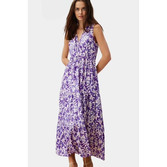 Yazlık Kadın Elbisesi A Line V Yaka Çiçek Desenli Polyester Kaşkorse Uzun Ömürlü