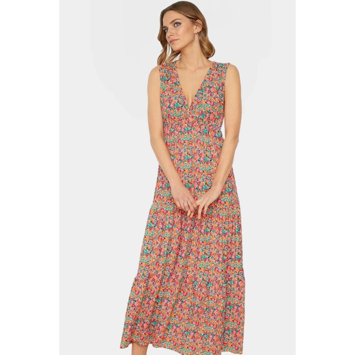 Yazlık Kadın Elbisesi A Line V Yaka Çiçek Desenli Polyester Kaşkorse Uzun Ömürlü