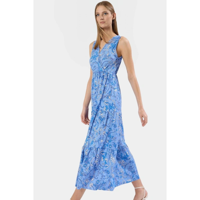 Yazlık Kadın Elbisesi A Line V Yaka Çiçek Desenli Polyester Kaşkorse Uzun Ömürlü
