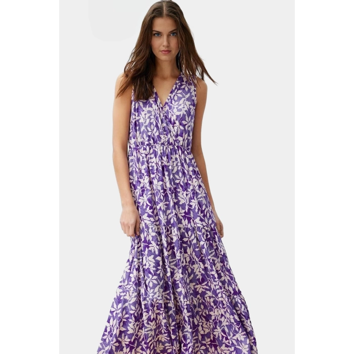 Yazlık Kadın Elbisesi A Line V Yaka Çiçek Desenli Polyester Kaşkorse Uzun Ömürlü