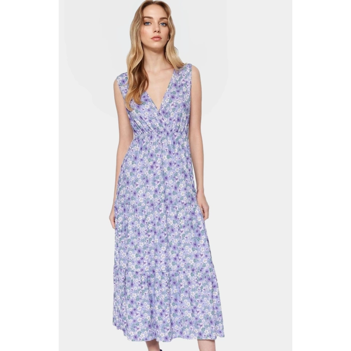 Yazlık Kadın Elbisesi A Line V Yaka Çiçek Desenli Polyester Kaşkorse Uzun Ömürlü