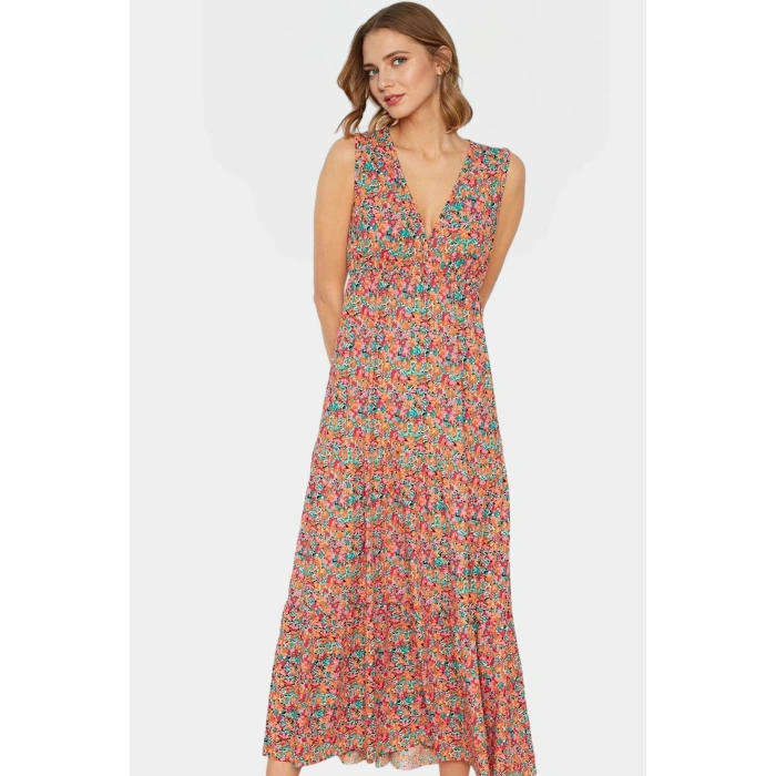 Yazlık Kadın Elbisesi A Line V Yaka Çiçek Desenli Polyester Kaşkorse Uzun Ömürlü