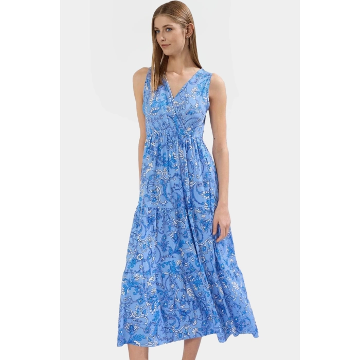 Yazlık Kadın Elbisesi A Line V Yaka Çiçek Desenli Polyester Kaşkorse Uzun Ömürlü
