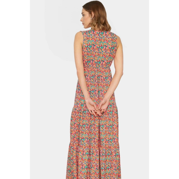 Yazlık Kadın Elbisesi A Line V Yaka Çiçek Desenli Polyester Kaşkorse Uzun Ömürlü